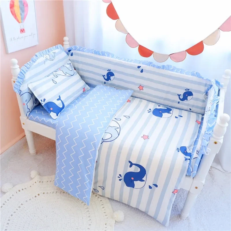 6 Pcs/set Crib Bumpers Fitted Sheet Pillowcase Suit Pure Cotton Anti-collision Crib Bumpers Removable Washable Bed Fence