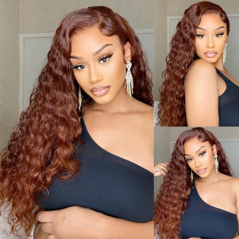 Reddish Brown Deep Wave Lace Front Wig Human Hair Colored Copper Red HD Lace Frontal Human Hair wig  with Baby Hair For Women