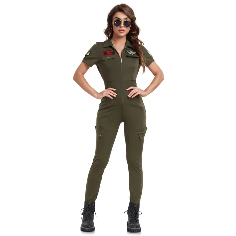 

Women Adult Army Green Military Pilot Jumpsuit Halloween Role Play Uniform Cosplay American Military Scouting Bodysuit Dress Up