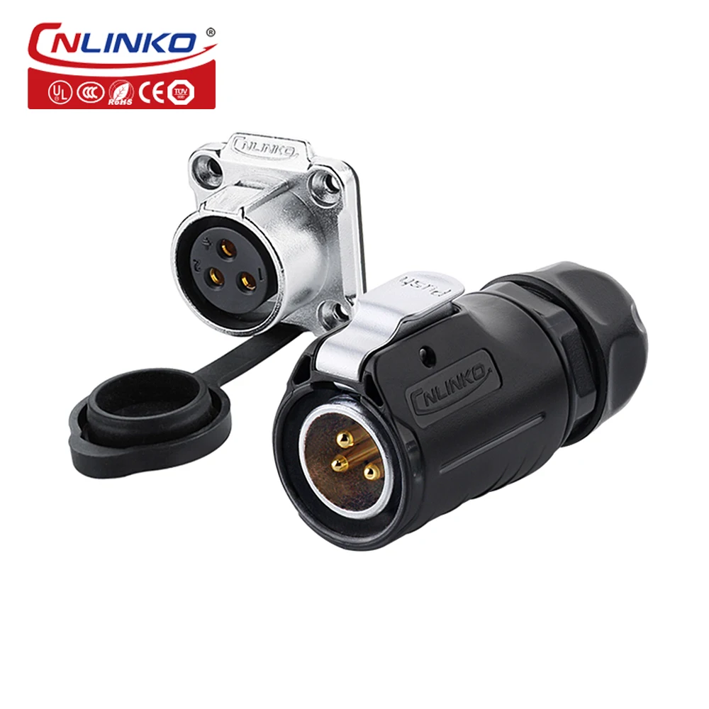 CNLINKO Waterproof 220V 3 Pin Circular Male Electrical Plug with Dust Cover Solar photovoltaic connectors