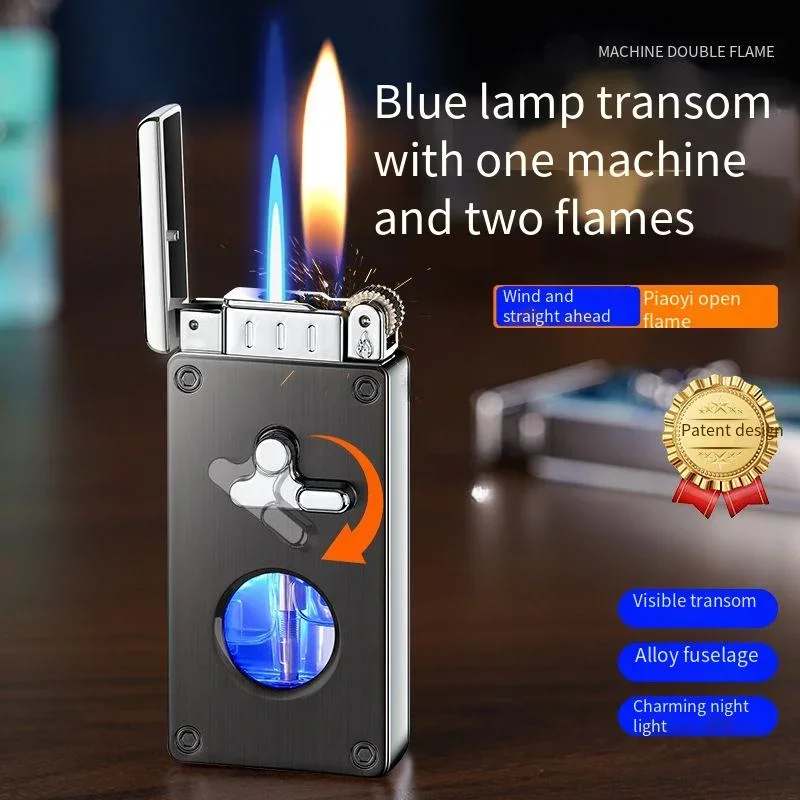 New Perspective Window Dual Flame Lighter Rocker Arm Switch Straight Forward Elegant Grinding Wheel Open Flame Lighter (No Gas)