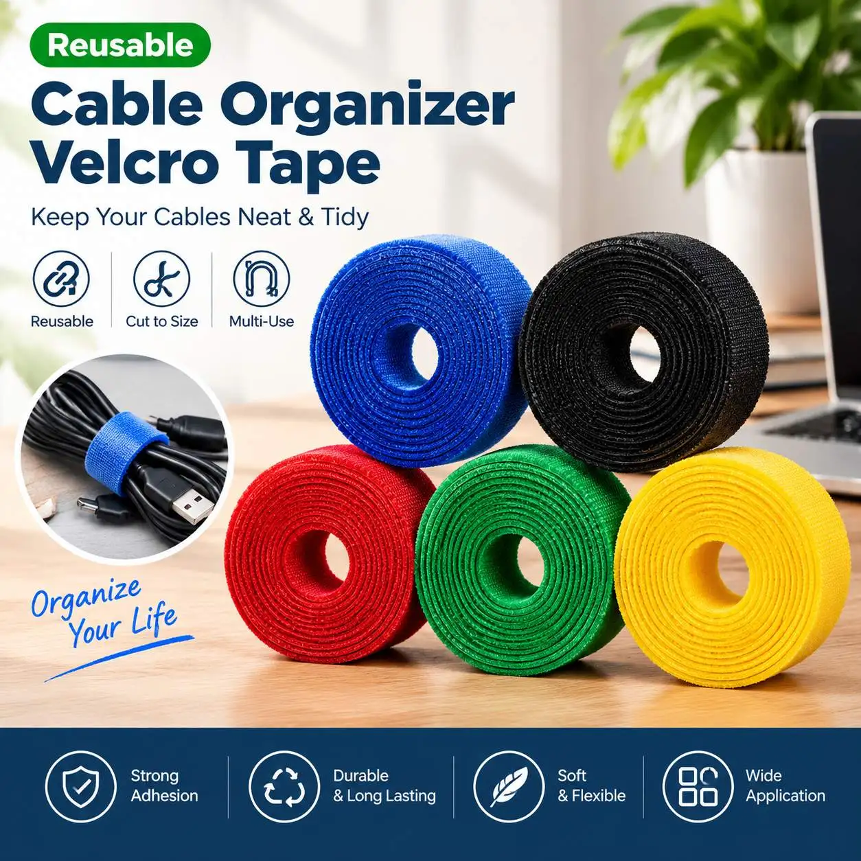 5 Colors Reusable Hook and Loop Cable Ties, Nylon Back-to-Back Wire Management Straps, Color Coding Securing Tapes for Desktop