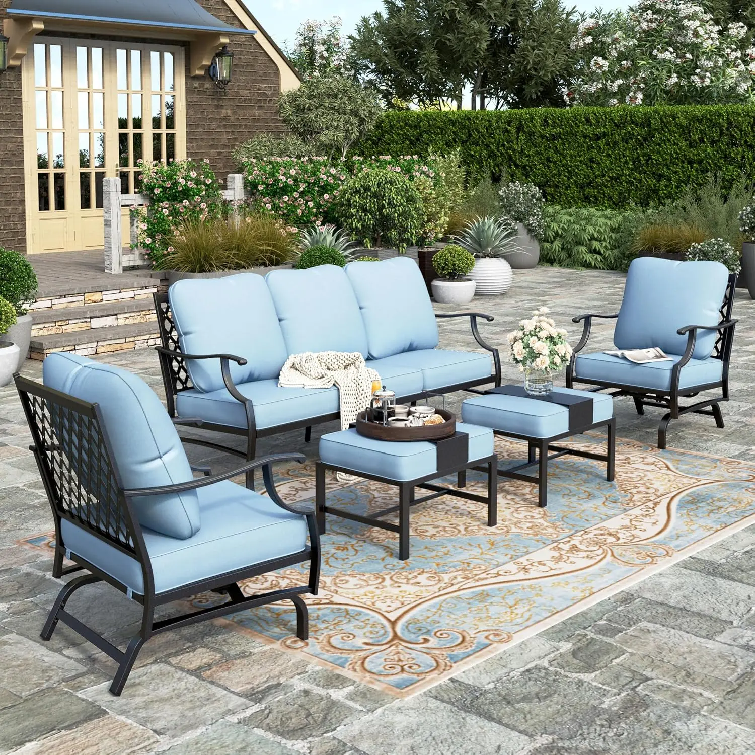 

5 Pieces Patio Furniture Set, 2 x Cushioned Rocking Chair, 2 x Ottoman, 1 x 3-Seat Sofa, All Cushioned 7 Seats Outdoor