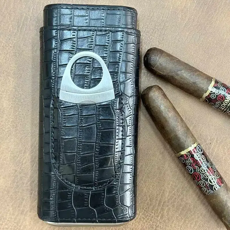 

Portable Durable Leather Case Holder 3 Cigar Case Tube Travel Brown Cigar Cedar Humidor With Cigar Cutter 179