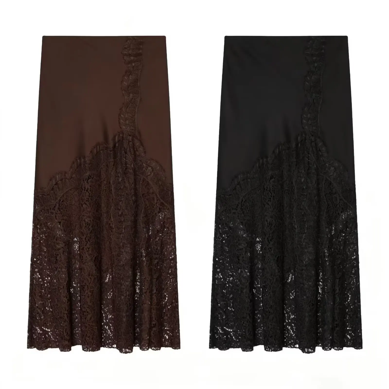 2026 Summer Fashion Womens European Vintage Silk Satin Lace Skirts Lady Elegant Zipper Slit Brown Black Evening Party Long Skirt