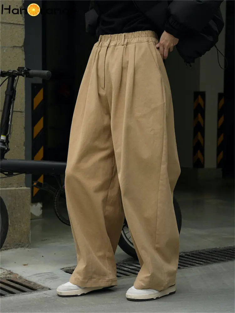 HanOrange 2024 Winter Vintage Thick Wide Leg Pants Women Elastic High Waist Silhouette Warm Female Trousers White/Khaki