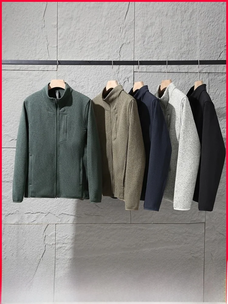 

High-End Men's Fce Lined Knitted Jaet Stand Collar Anti-Wrinkle No-Iron Elastic Casual Sle Polyester Fiber Outerwear