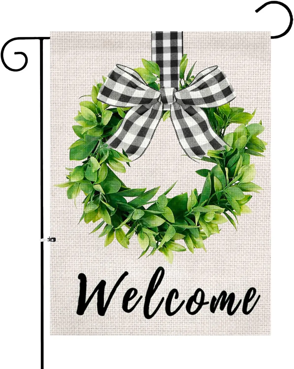 XIFAN Welcome Garden Flag Heavyweight Burlap Boxwood Wreath Flag Double Sided Buffalo Plaid Bow Small 12.5 x 18 Inch Spring Yard