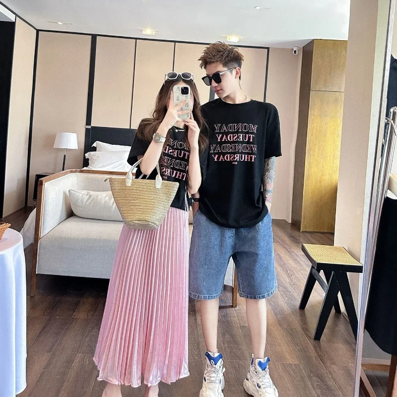 The Whole Family Korean Mom Daughter Bow T Shirts Pink Skirts Outfits Parents and Children Clothes for Dad Son Tees Jeans Sets images - 6