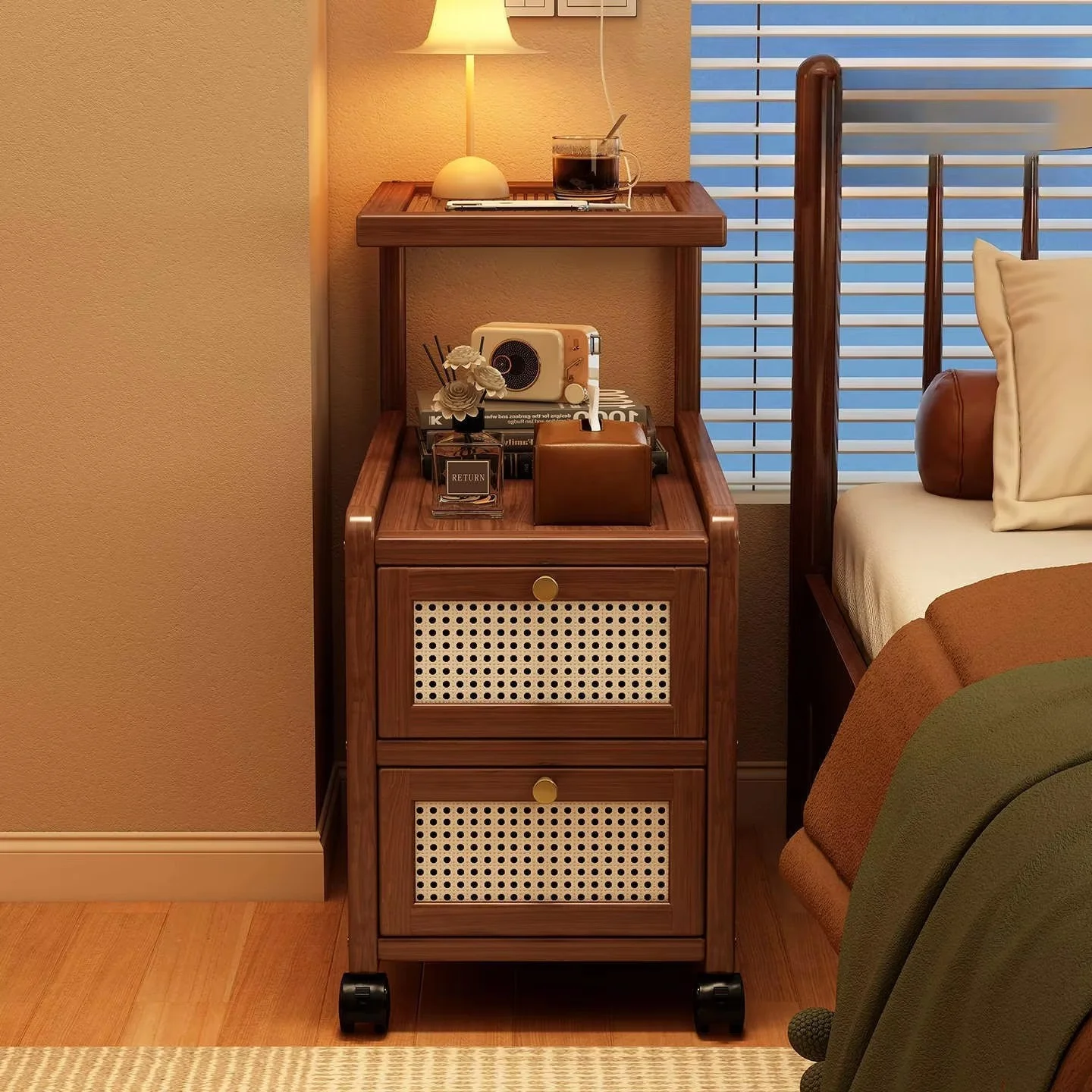 Modern Narrow Bamboo Bedside Tables For Bedroom Furniture Rattan Bedside Storage Tables Simple Design Bedside Cabinets Shelfs