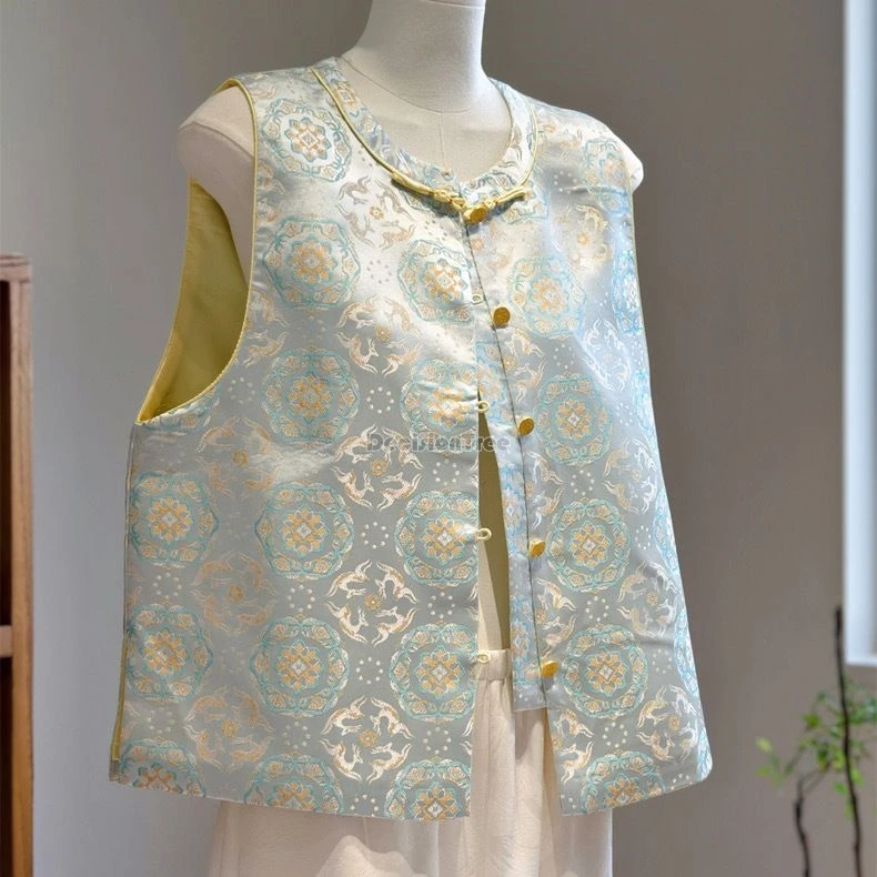 

2025 chinese improved retro style blue vest women sleeveless round collar waistcoat loose printed jacquard daily cheongsam vest