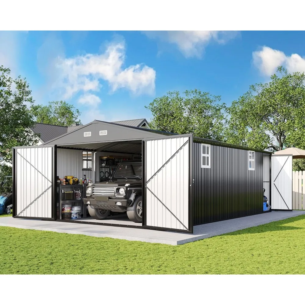 13.2x21x8 FT Outdoor Storage Shed with 2 Double Hinged Doors and 4 Windows, Huge Metal Garage Sheds, Tool Shed