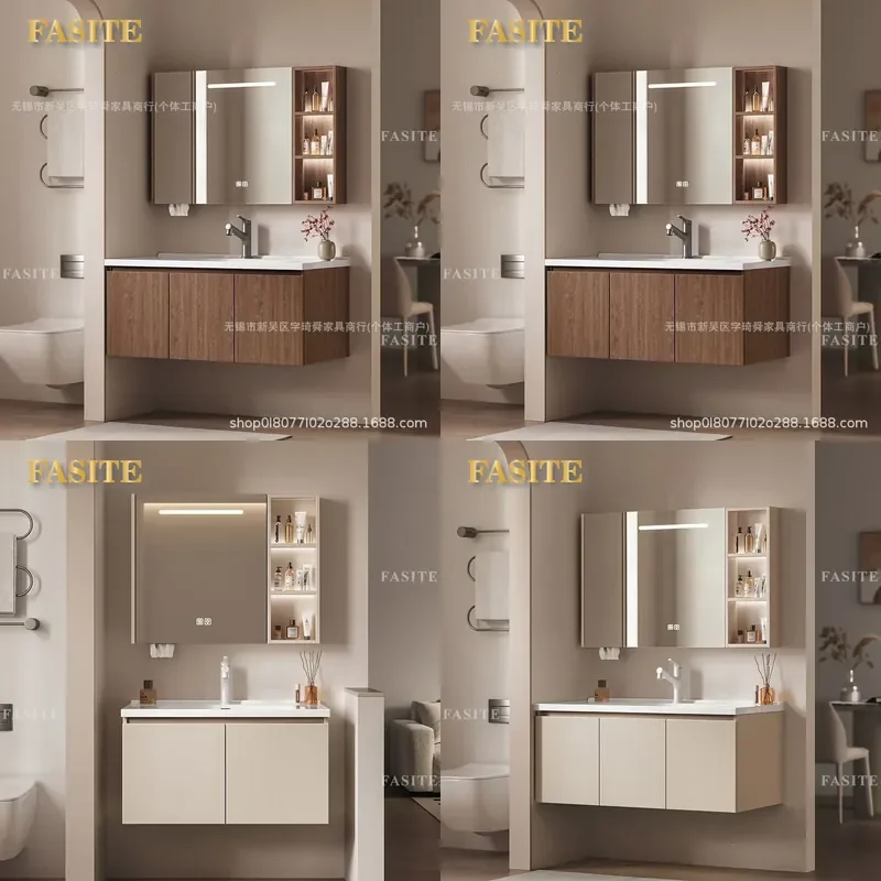 For Bathroom Solid Wood Vanity Cabinet with Ceramic Integrated Basin Antique Style Washbasin Unit Combo Mirror Storage