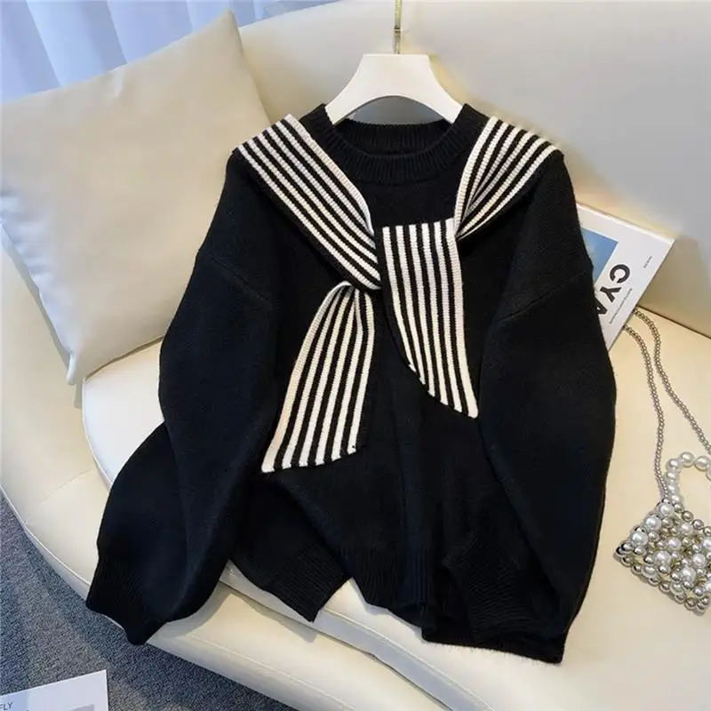 Oversized Women's Design with Striped Patchwork Shawl Sweater Japanese Lazy Retro 2023 Autumn New Winter Knit