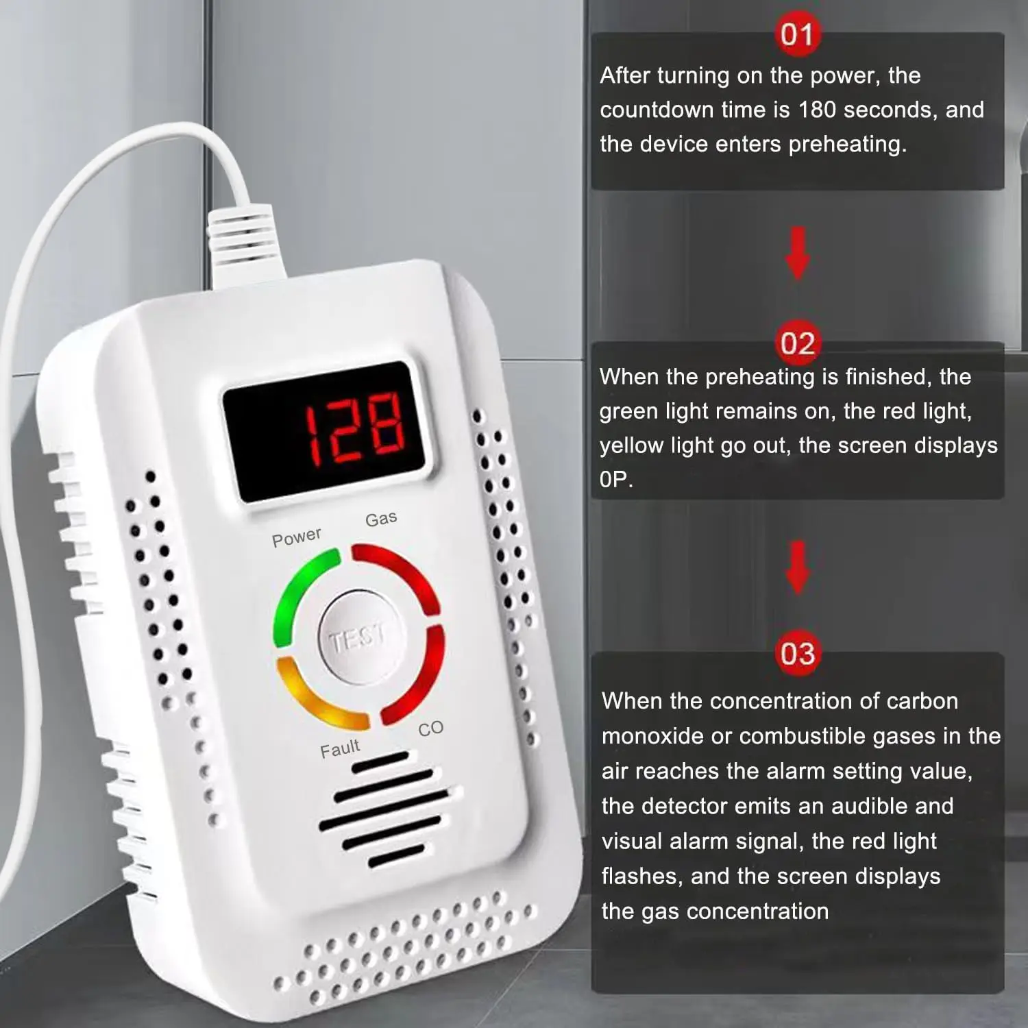 Natural Gas Detector And Carbon Monoxide CO Detector, Combustible Gas Leak Detector Monitor For Co, Lpg, Methane In Kitchen