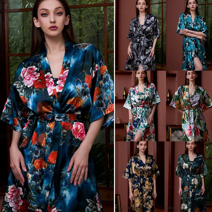 

Женский халат, одежда для сна с цветочным принтом, кимоно, халат, домашняя одежда, весна-лето, ночная рубашка, ночная рубашка, свободная домашняя одежда из ледяного шелка