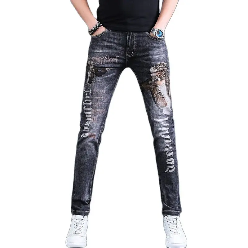 High Quality Men's Printed Denim Pants Letters Decoration Fashion Casual Jeans Classic Slim Style Noble Gray Stretch Trousers;