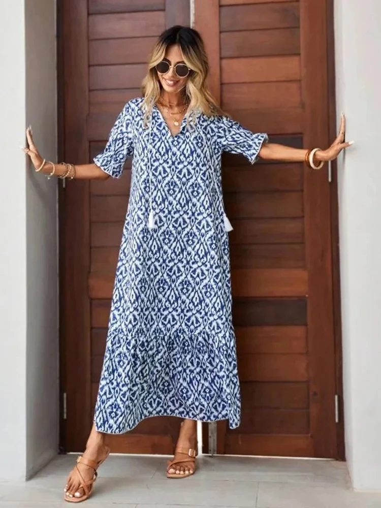 

New Fashion Women's Flower Print Pattern V-neck One Piece Decoration Loose Woven Holiday Style Ruffle Sleeve Long Dress