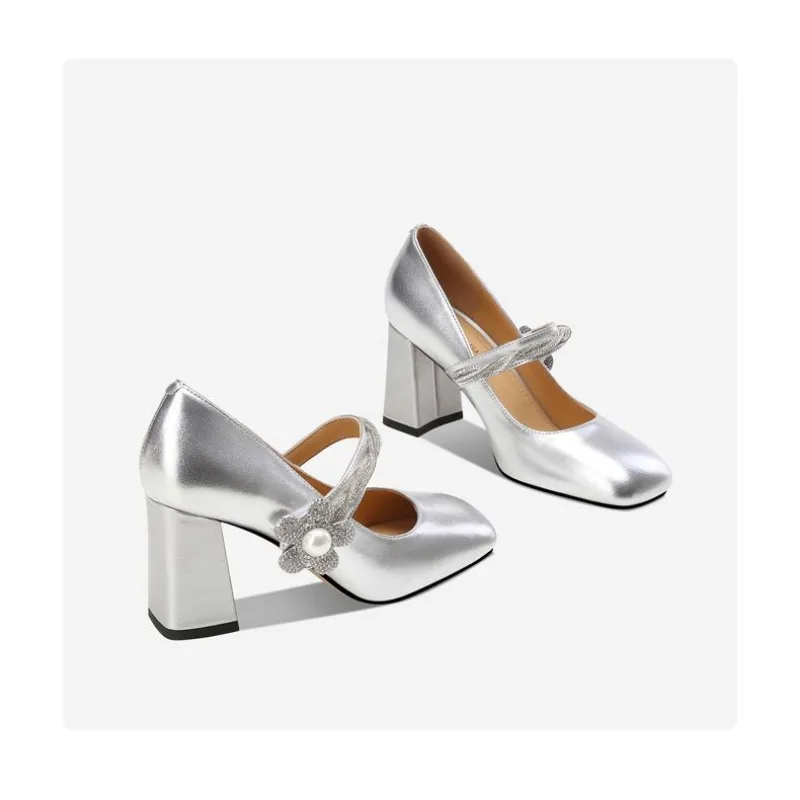 Authentic One-Line Band Square Head Selling New Shallow Mouth Leather Mary Jane High Heels Fashion Chunky Heel Rhinestones Shoes