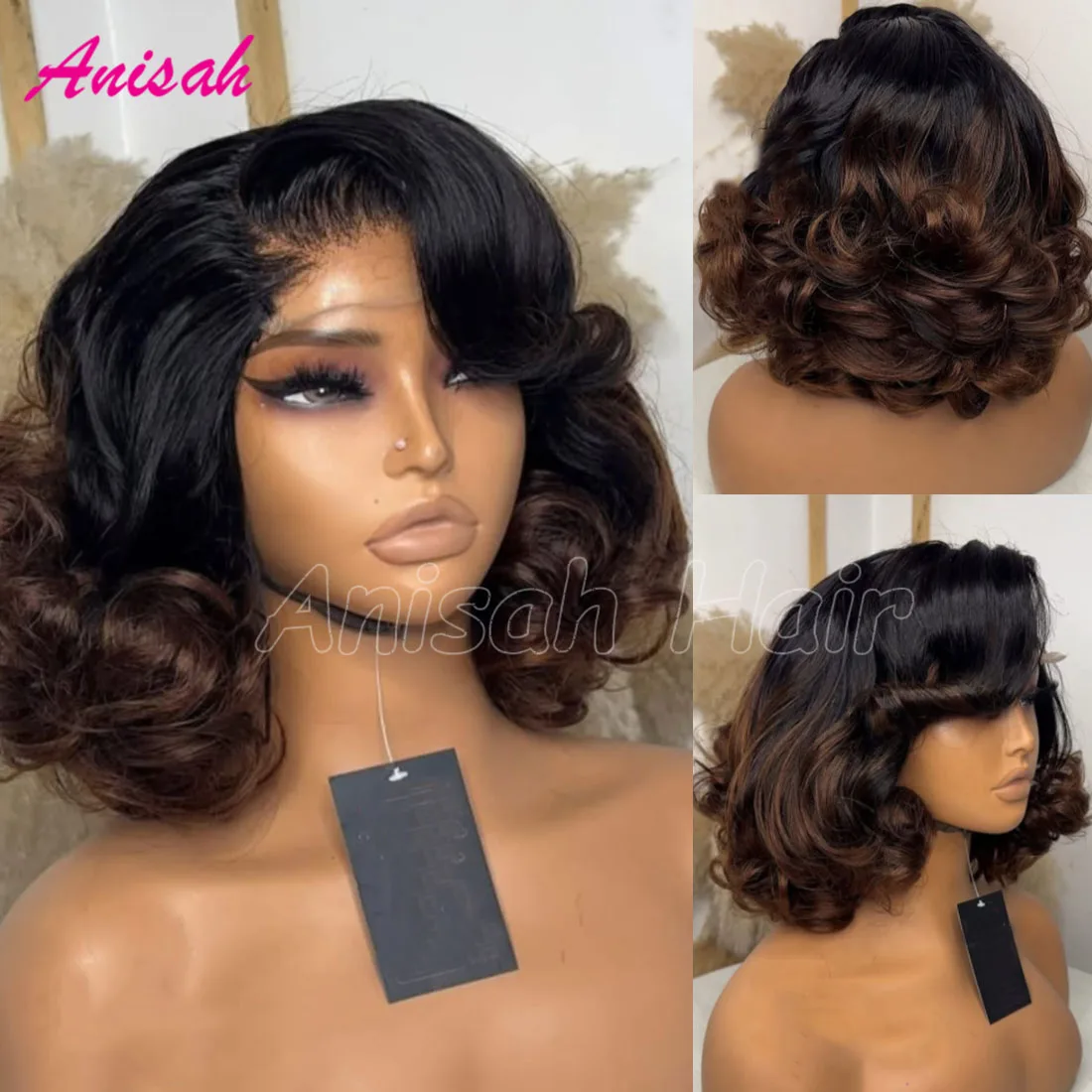 

250 Density Short Bob Human Hair Wigs Ombre Colored 13x4 Lace Frontal Bouncy Curls Lace Closure Glueless Wigs With Side Bangs