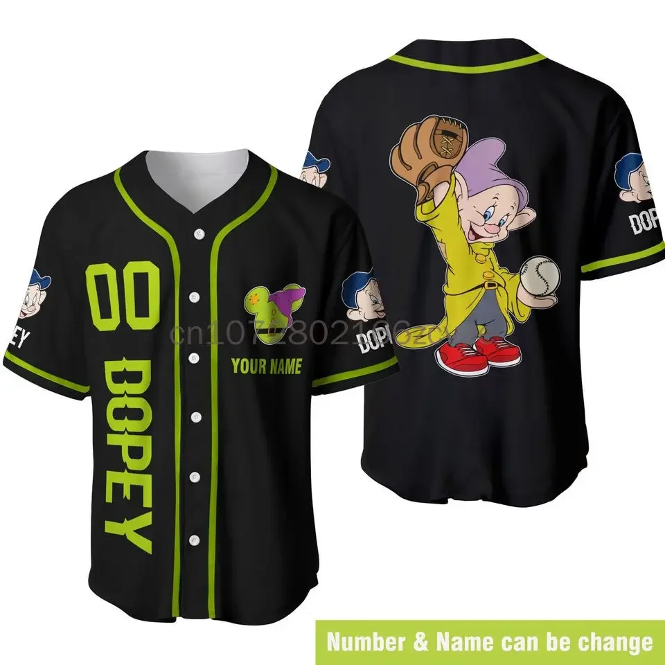 New Disney Dopey Dwarf Green Black Baseball Jersey 3D Printed Casual Fashion Button Custom Baseball Jersey