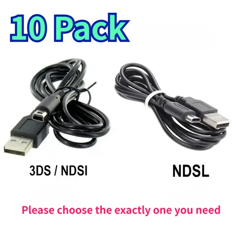 10-Pack USB Charging Cord for Nintendo 3DS, NDSL, NDSi & DS Lite - 1.2m Black Power Cable Wire