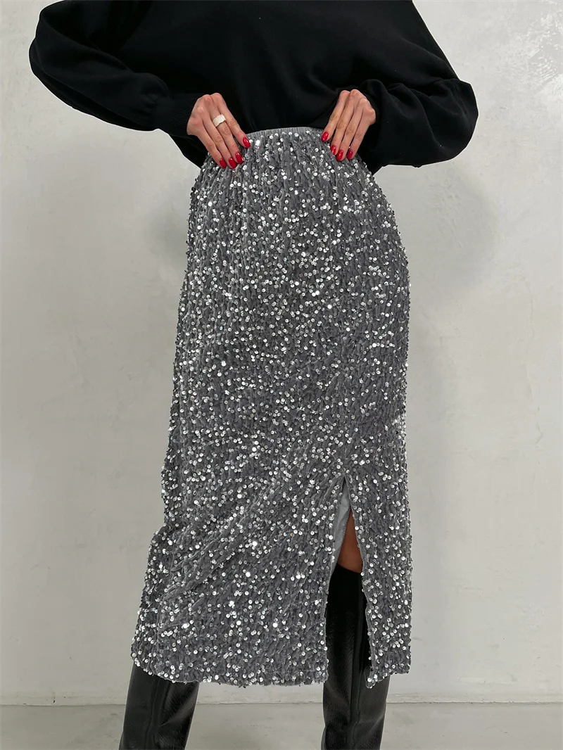 Silber Schwarz Pailletten Rock Frauen Elegante Vintage Punk Abendkleid Schlitz Sexy Sommer Langen Rock Hohe Taille Midi Röcke Für Frauen