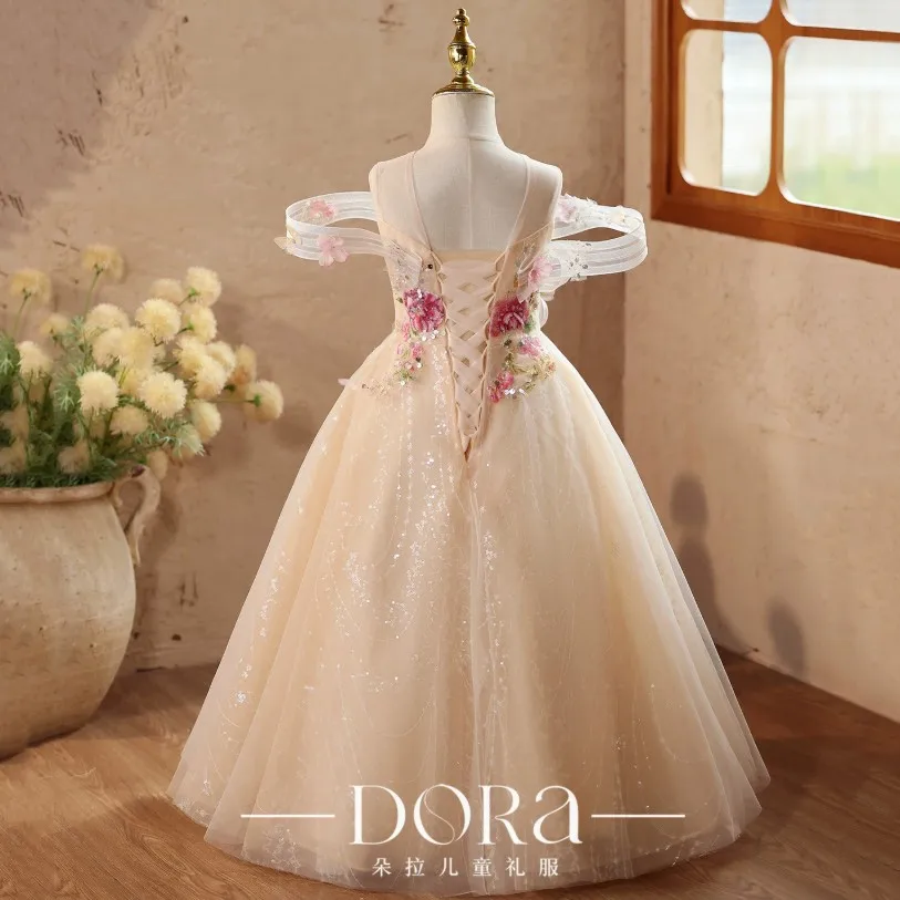 Girls Champagne Off‑Shoulder Long Tulle Gown 3D Floral Sequin Princess Dress For Wedding Birthday Pageant Party Performanc A5100