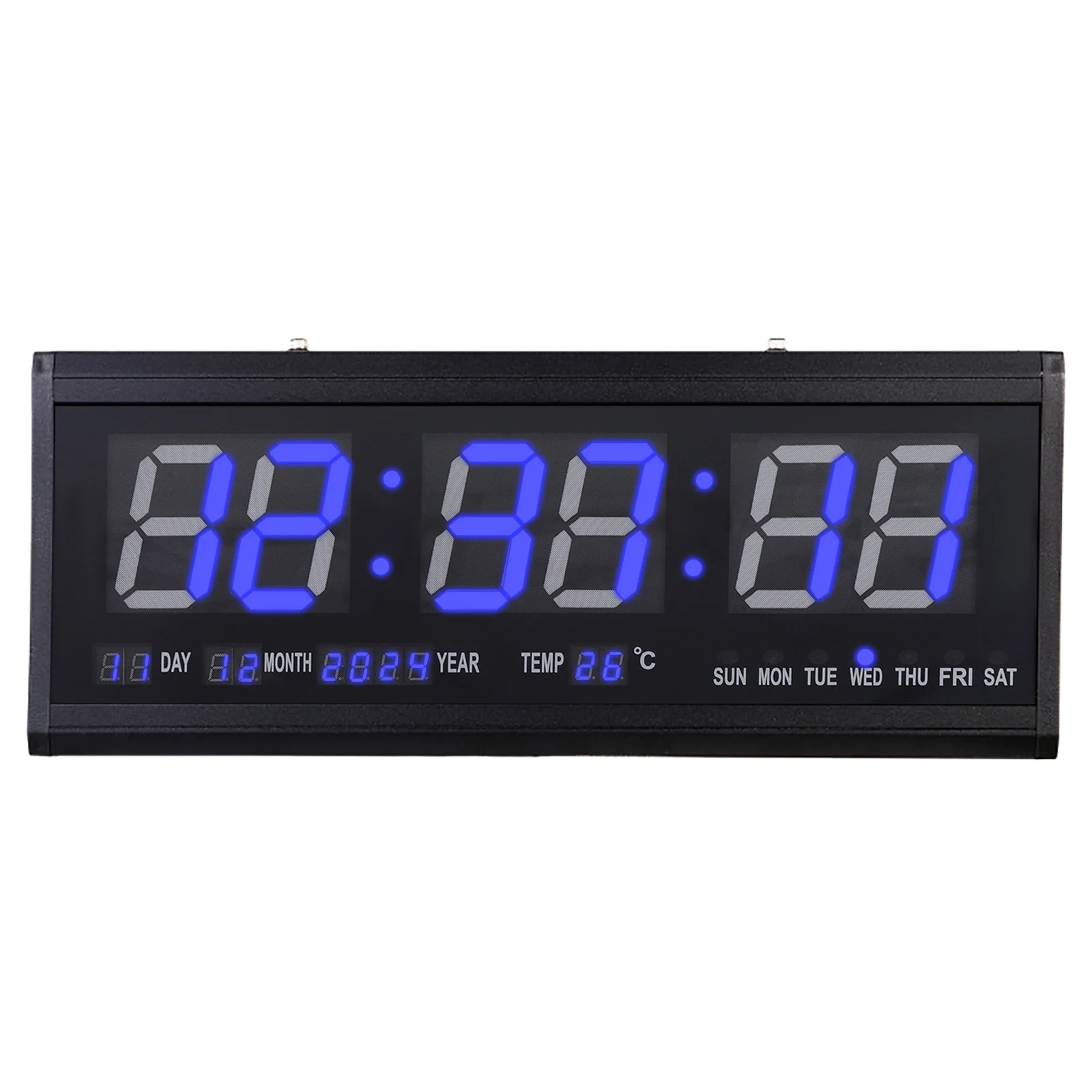 Digital LED Wall Clock, Oversize Wall Clock Plug-in or Battery Powered, Auto Dimmer, Big Calendar and Thermometer(Blue)