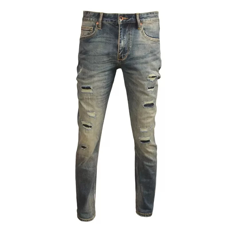 Streetwear Fashion Men Jeans Retro Blue Elastic Slim Trousers Hole Ripped Jeans Men Patched Designer Vintage Denim Pants Hombre