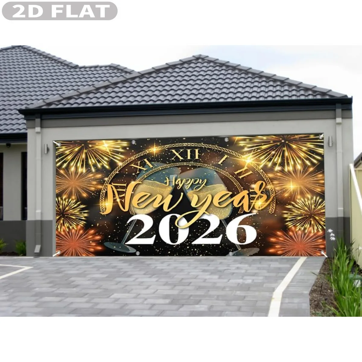 1 قطعة 6x13ft السنة الجديدة 2026 حفلة باب المرآب ديكور البوليستر الذهبي الكلاسيكية ساعة الشمبانيا نظارات تألق غطاء باب المرآب #4