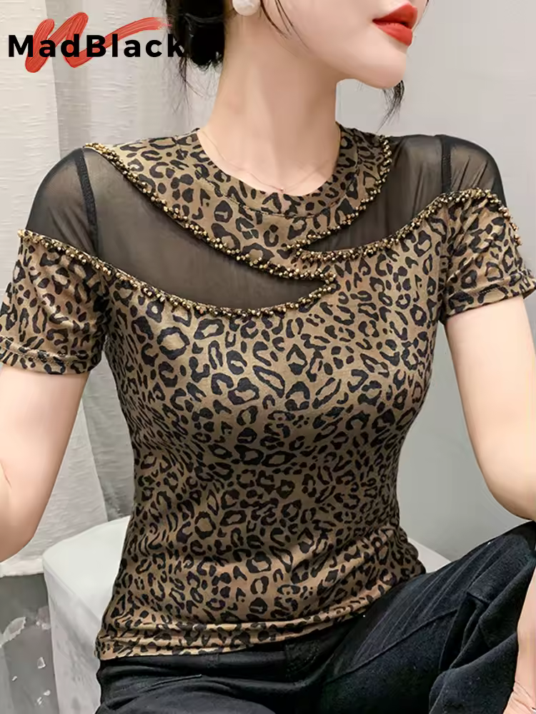 MadBlack Summer European Clothes T-Shirt Woman O Necks Mesh Patchwork Diamonds Slim Tops Short Sleeve Elastic Tees T34524C Products on AliExpress