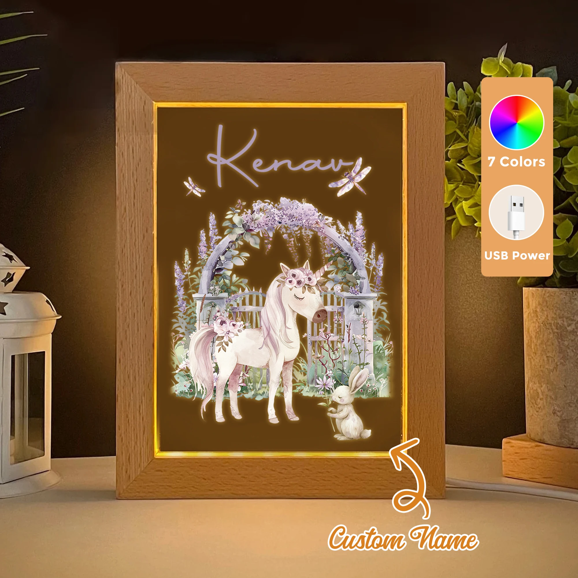 

2D Flat Custom Name Unicorn Rabbit LED Acrylic Night Light Wood Photo Frame 21x17cm Cartoon Children Bedroom Gifts Home Decor
