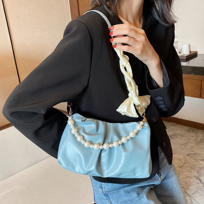 

New Versatile Solid Color Single Shoulder Pearl Pleated Cloud Underarm Bag