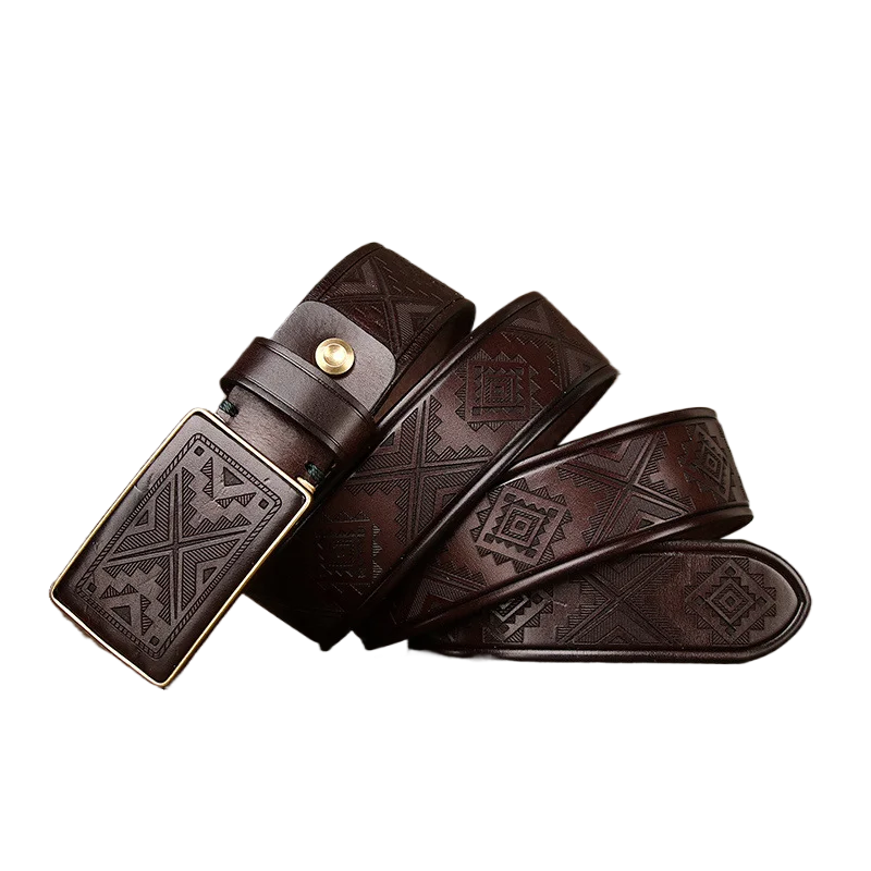 Men's Handmade Vintage Laser-Engraved Pattern Plate Buckle Belt, Genuine Leather, Pure Cowhide, Smooth Buckle Waist Belt