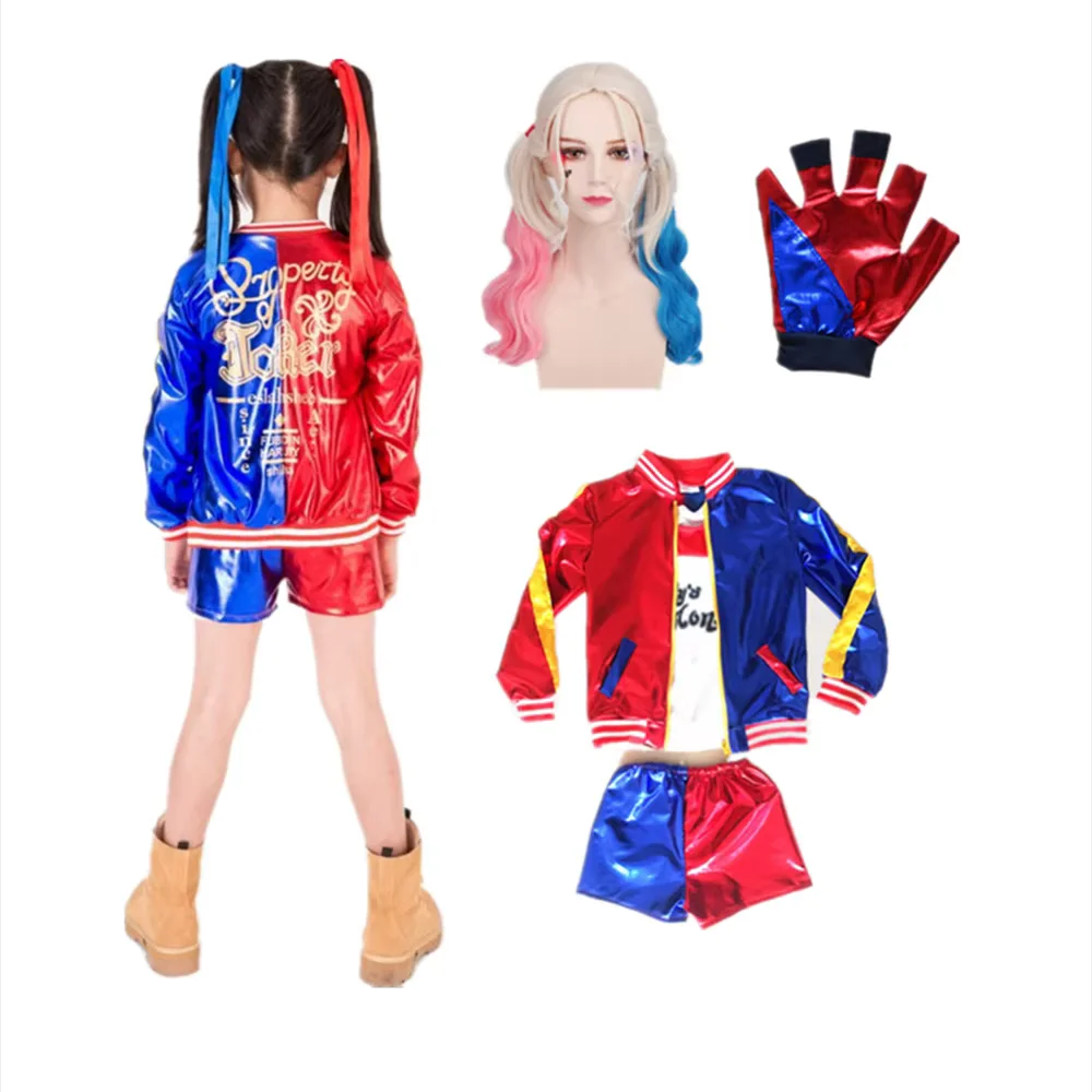 

HKSNG Suicide Harley Harleen Quinzel костюмы Squad Quinn косплей детская футболка с монстром для девочек куртка-джер костюм парик перчатки