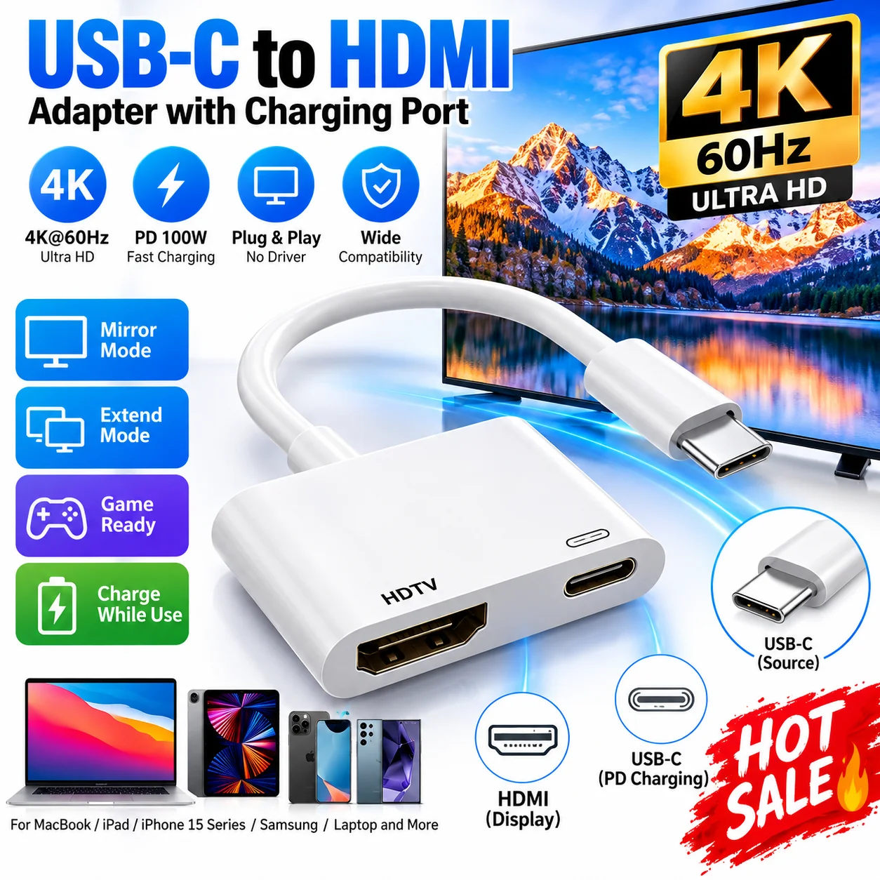 Hdmi Phone Adapter - USB-C naar HDMI, geschikt voor tv,