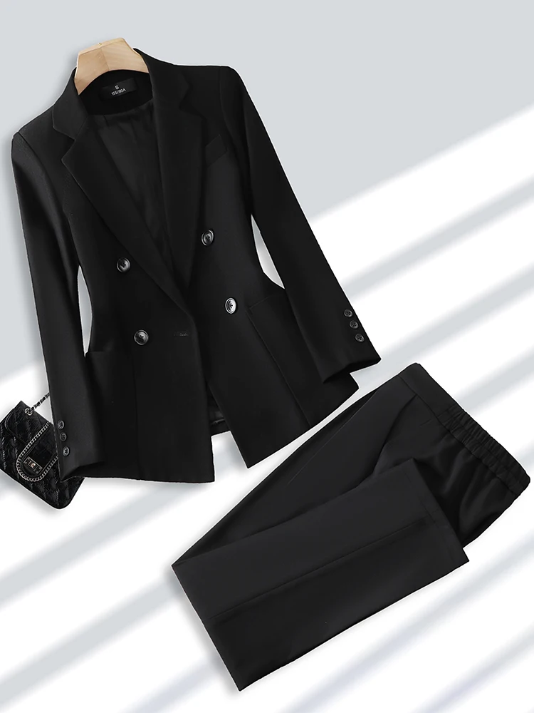 Blazer e calças para mulheres, calça formal para escritório, negócios e roupas de trabalho, moda feminina, bege, preto, cáqui, conjunto de duas peças com bolso