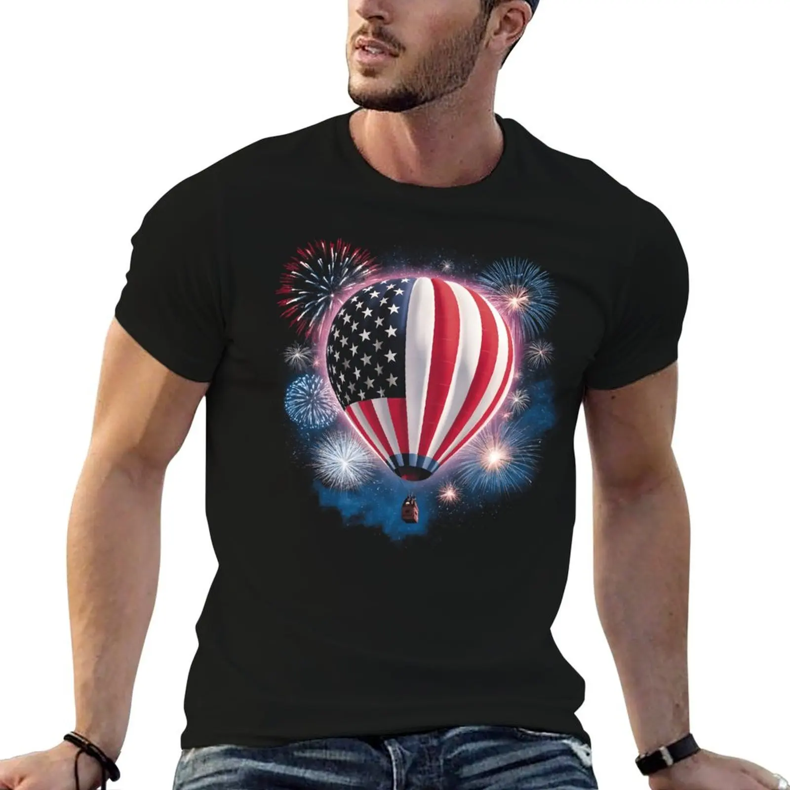 Hot Air Balloon Firework US American Flag 4Th Of July T-Shirt Basic Breathable Solid Color T-Shirt
