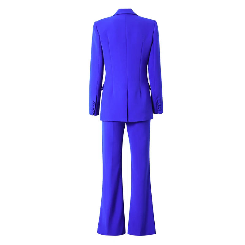 Classical British Style Blue Suit Long Sleeve Single Button Blazer Flared Pants Women Office 2Pcs