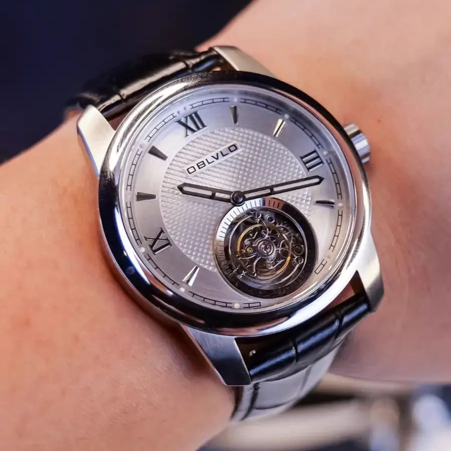 OBLVLO Мужские автоматические часы 42 мм с турбийоном Механические наручные часы Водонепроницаемые сапфировые застежки-бабочки со скелетом