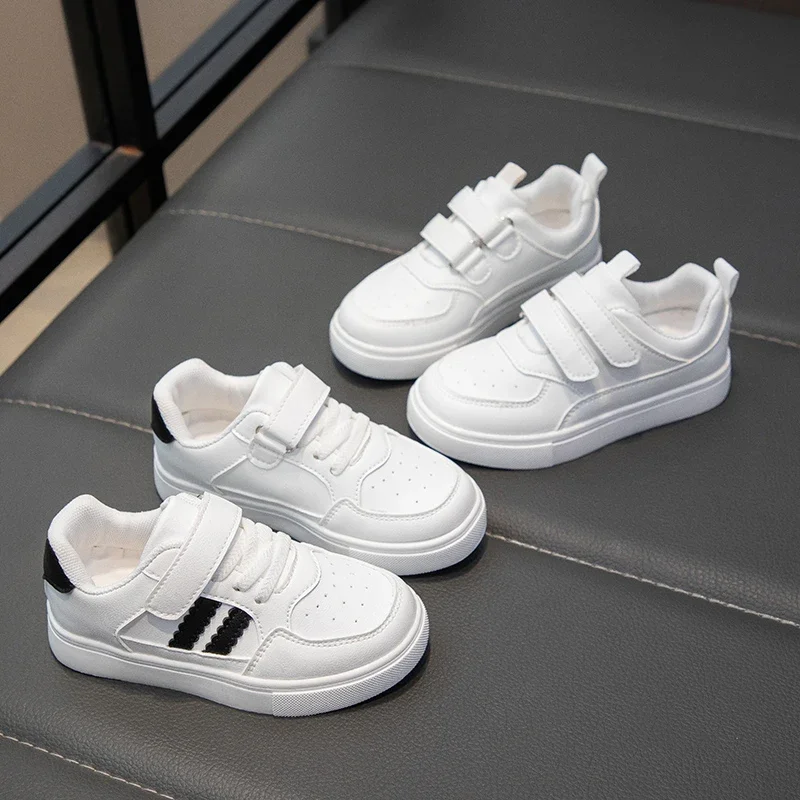 Boys Girls White Shoes Non-slip Kids Sports Shoes for School 2026 New Fashion Soft Sole Children Casual Shoes Hook&loop Trendy