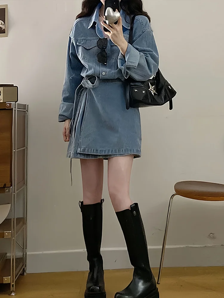 

Retro Waed Denim Dr Women's Spring Autumn plus Size Loose Waist Cinched A-Line Skirt Casual Sle High Waist Dr