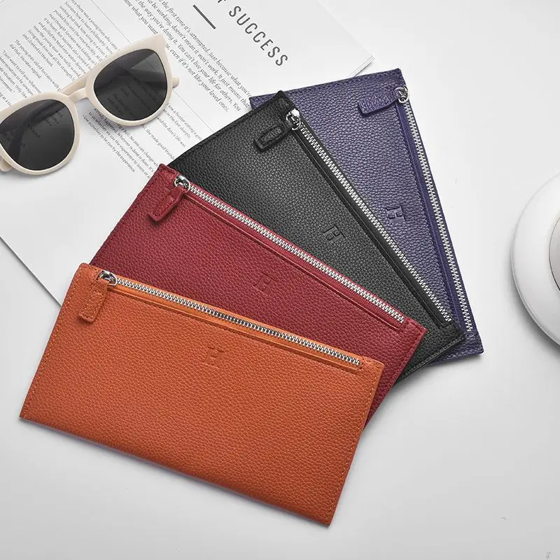 2025年新型レザーロングウォレット 超薄型 シンプル カジュアル ジッパー財布 ソフトレザー クリップ式携帯電話ホルダー