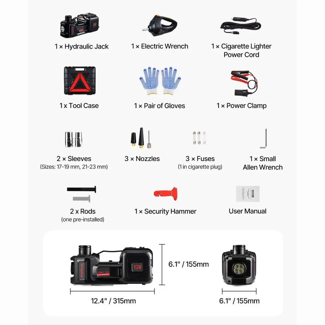 

5-Ton All-in-One Hydraulic Jack 12V with Electric Impact Wrench & Tyre Inflation System LED Light for Sedan SUV Truck Service