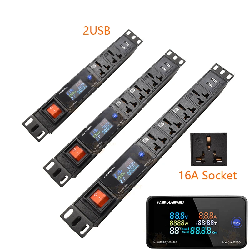 Power board voltage/current/power measuring instrument 16A universal socket 2 USB port 2 meter jumper