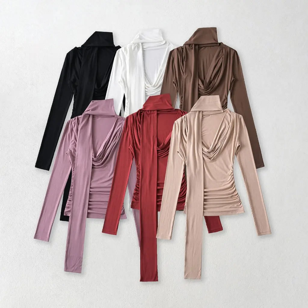 

Women's Elegant Slimming Pleated T-shirt Ribbon Swing Collar Long-Sleeved Design Summer Fashionable Hot Girl Style Top