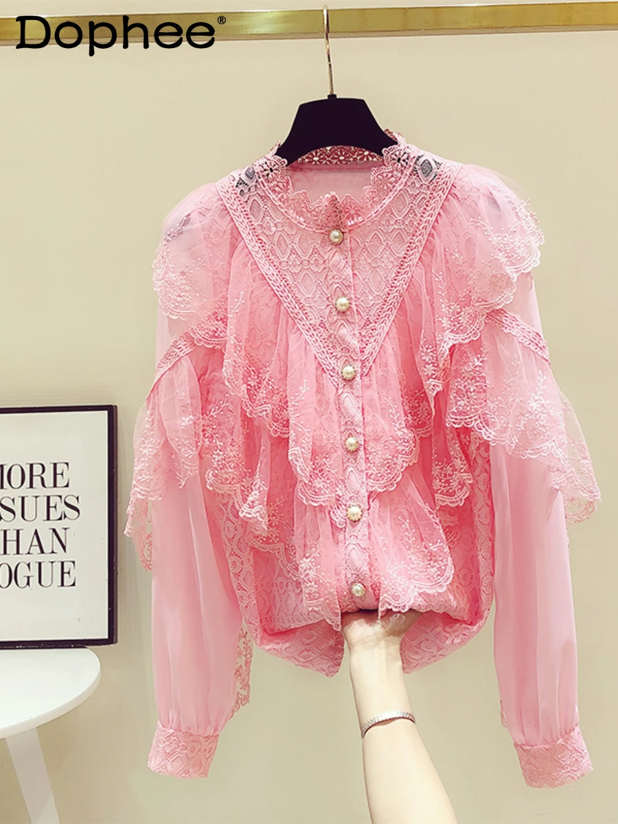 Sexy Cutout Lace Stitching Stand Collar Shirt Women\'s Trendy Mesh Ruffled Sweet Pink Long Sleeve Blouse 2023 New Autumn Clothes