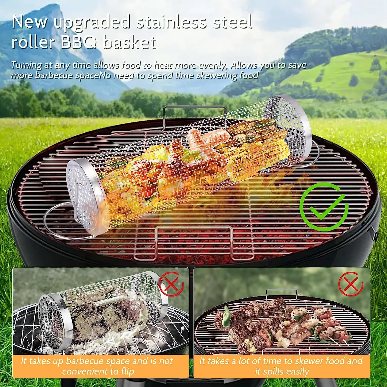 Grill Basket Rolling Grilling Basket Camping Barbecue Rack Stainless Steel Round Grill Mesh Picnic Camping BBQ Tools