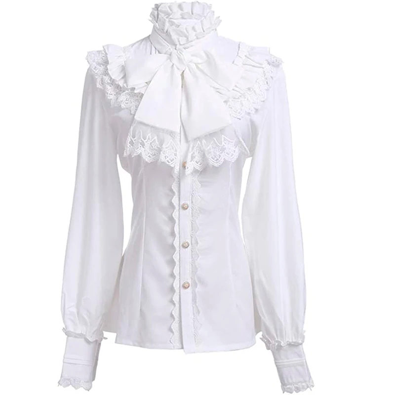 Camicie vittoriane rinascimentali arruffate bianche da donna camicia da vampiro pirata Steampunk medievale Costume Cosplay di Halloween per feste da donna